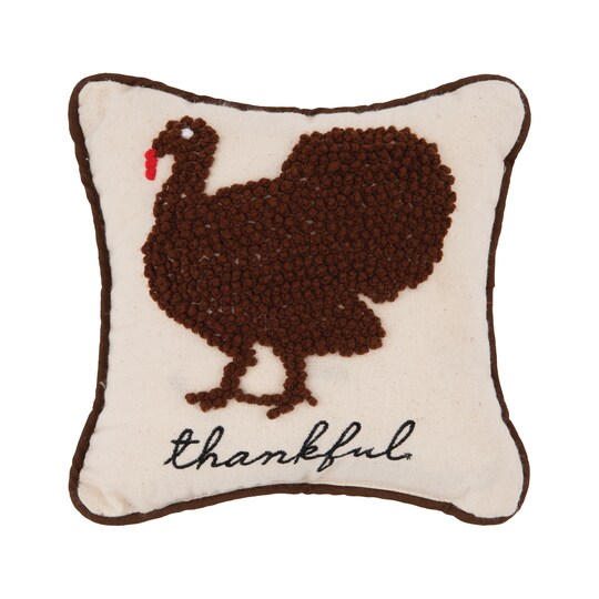 Thankful Turkey French Knot Thanksgiving Small/Petite Accent Pillow, 8" x 8"